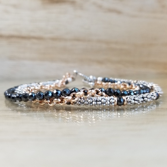 Vicky Beeds Jewelry - Three Row Beaded Hematite Bracelet on Toggle